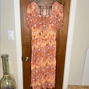 ROXY Tropical Beach Vacation Maxi Midi Dress with Open Back in Coral | M